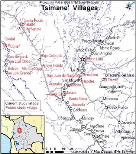 map: Tsimaneland and Study Villages